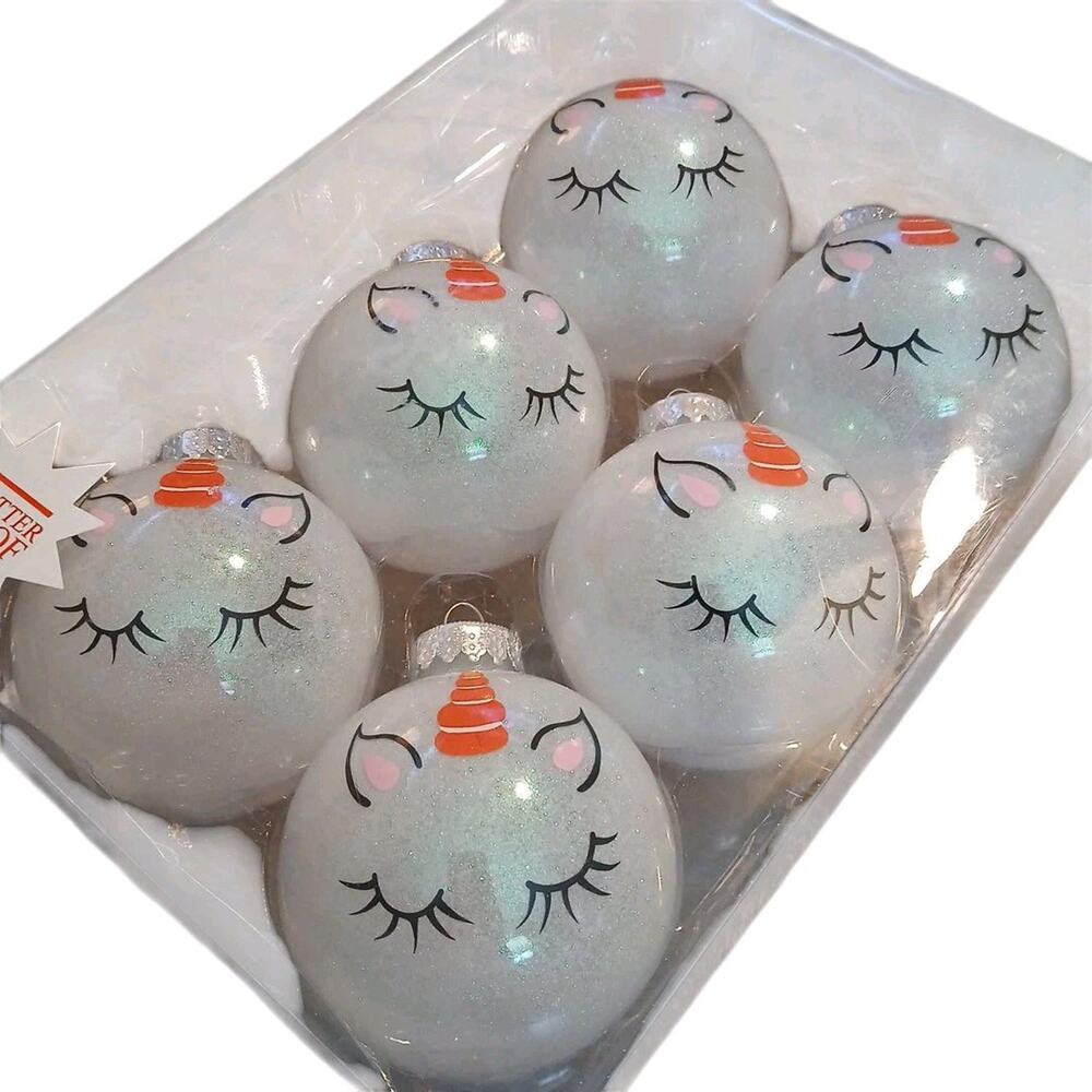 Christmas Frosted‎ Snowball Unicorn Face Hobby Lobby 3" Glass Ornaments Set of 6